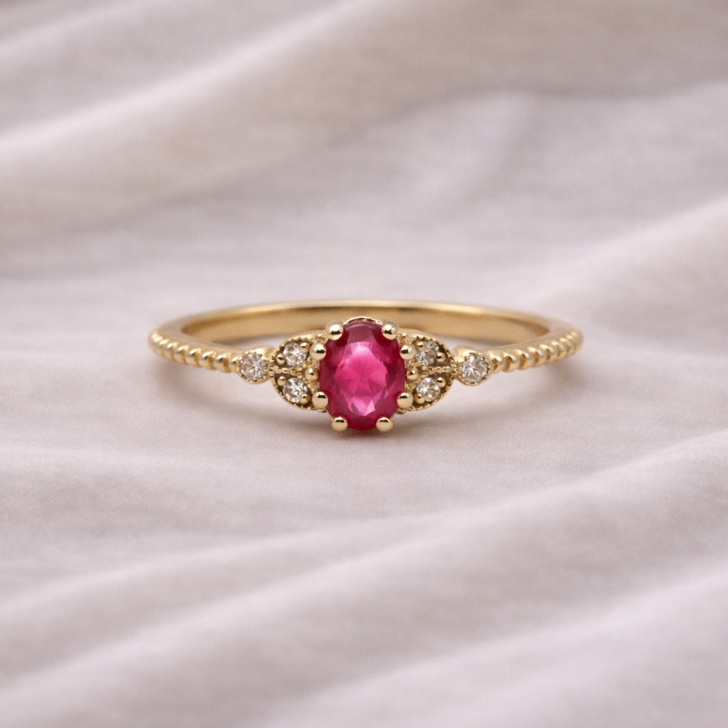 Keltakultainen timanttisormus - rubiini