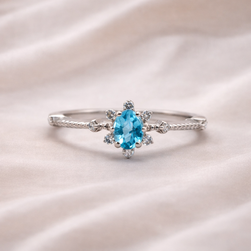 valkokultainen timanttisormus - sininen topaasi