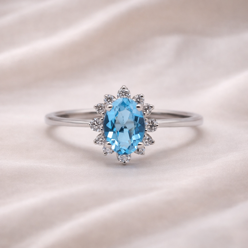 valkokulta - timanttisormus - sininen topaasi